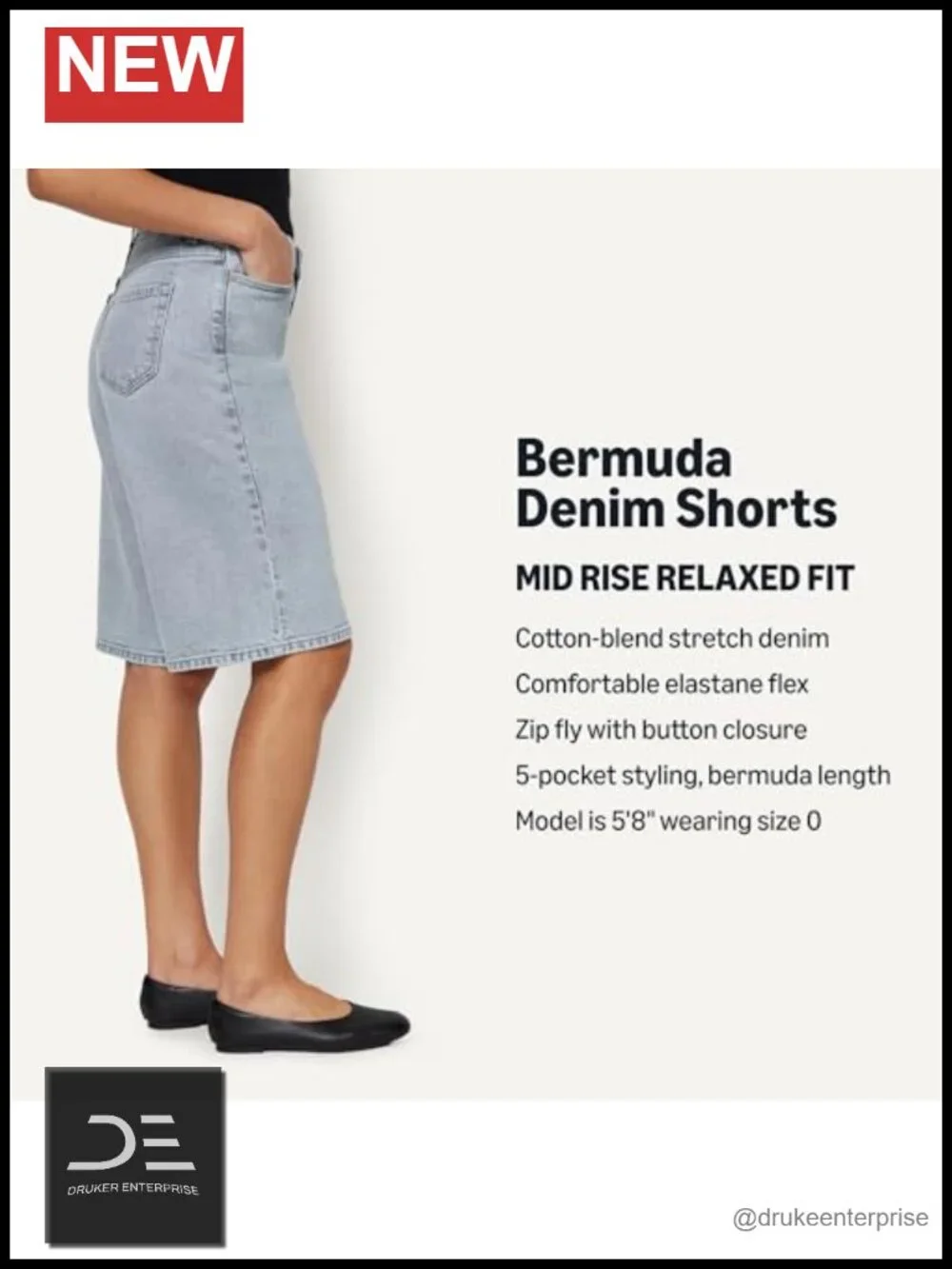 Mid-Rise Relaxed-Fit Long Denim Shorts with Stretch Women's Bermuda Shorts